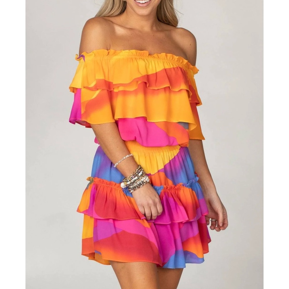 Buddylove Kiera Ruffled Off-The-Shoulder Mini Dress Small Sunset Boho Festival‎